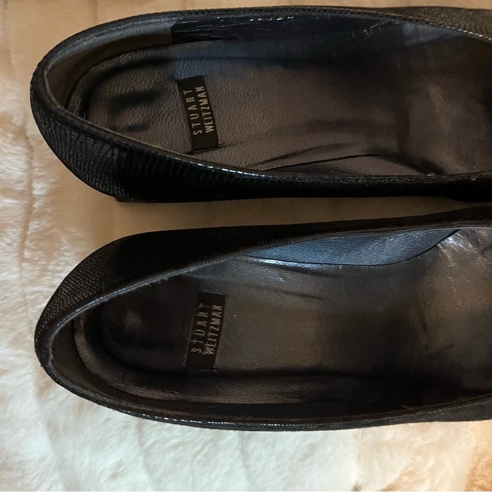 Stuart Weitzman 8.5B Black Faux Snakeskin Texture Block Heel Square Toe Pumps - Picture 12 of 12